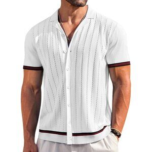 Men's White Short Sleeve Knit Shirt Casual Button Down Shirt Vintage Striped